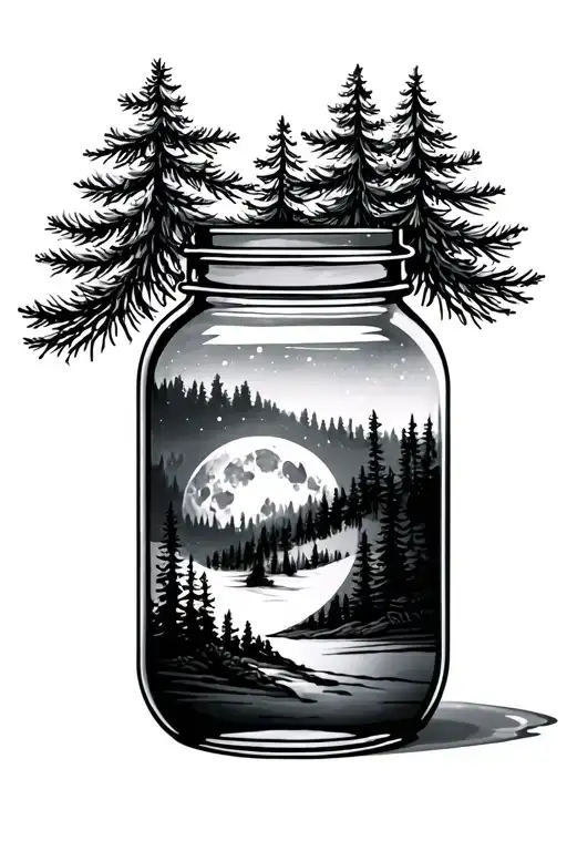 moonshine  jar pine trees tattoo design idea