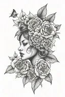woman's face and flowers blooming tattoo design idea