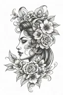 woman's face and flowers blooming tattoo design idea