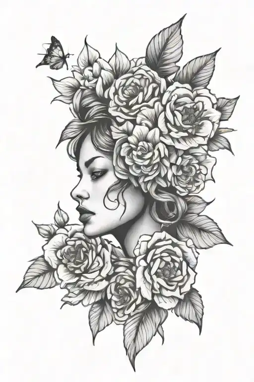 woman's face and flowers blooming tattoo design idea