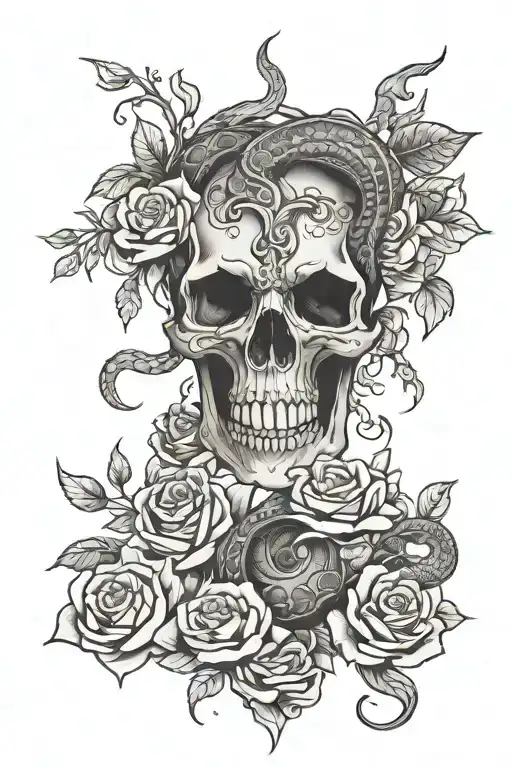 pants snake skull ghost flowers eyes roses tattoo design idea