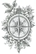 compass arrows only, with jasmine flowers wrapped around the center of it and a heart on top pierced by the compass arro tattoo design idea