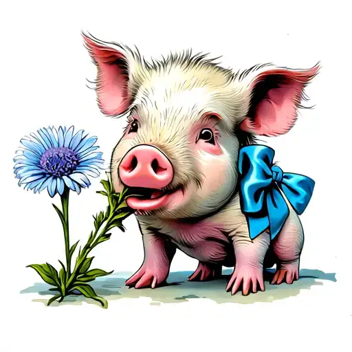 baby girl pig with blue bow and chewing on a aster flower tattoo design idea