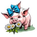 baby girl pig with blue bow and chewing on a aster flower tattoo design idea