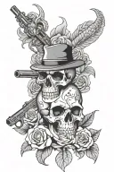 rose, skull, snake, gun & mafia mask surrounded tattoo design idea