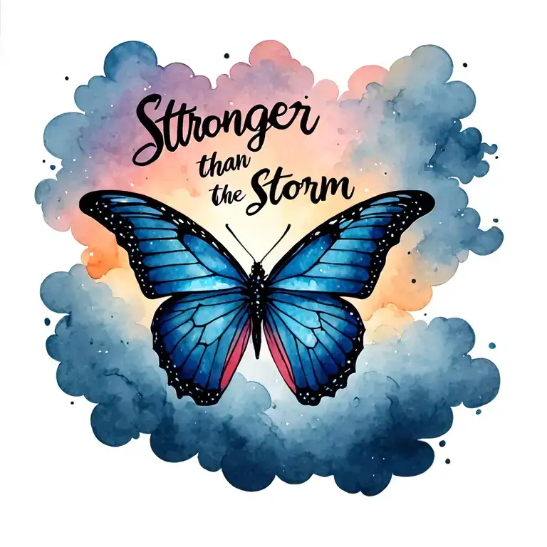 "Stronger than the storm" butterfly emerging from storm clouds forming the shape lightening tattoo design idea