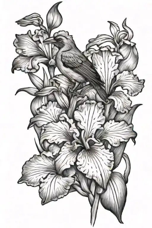 iris flower and a daylilie with a red bird tattoo design idea