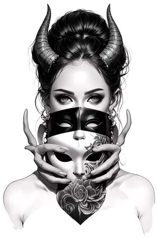 beautiful women with small horns holding half omni mask in her hand slightly covering the bottom of her face  tattoo design idea