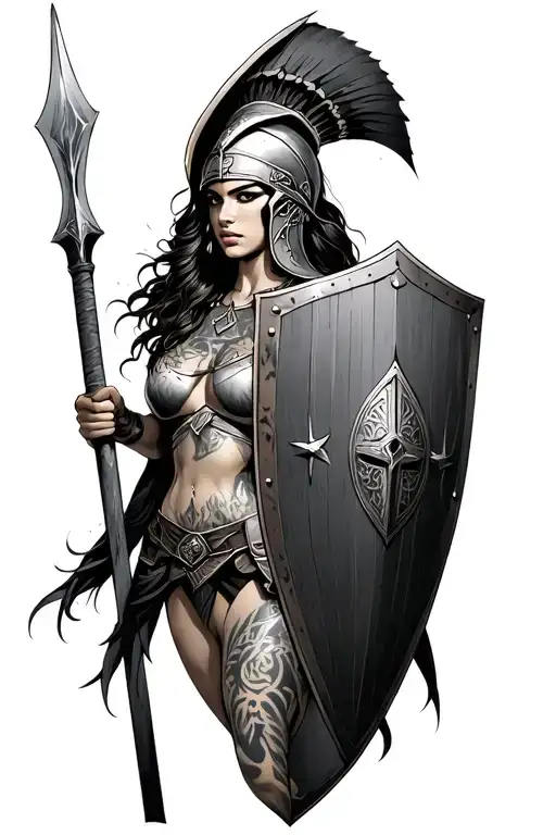 ares as a female spartan with spear and shield adorned tattoo design idea