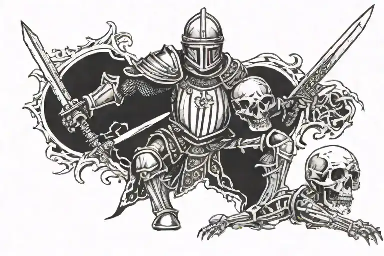 a knight stabbing a skeleton in a suit of armour.  tattoo design idea