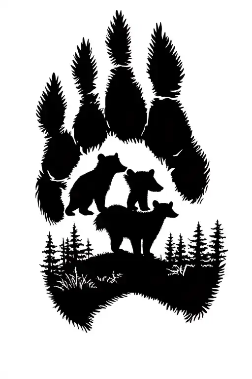 a bear paw print with a mother bear and two cubs inside. One cub is a boy, the other is a girl. tattoo design idea