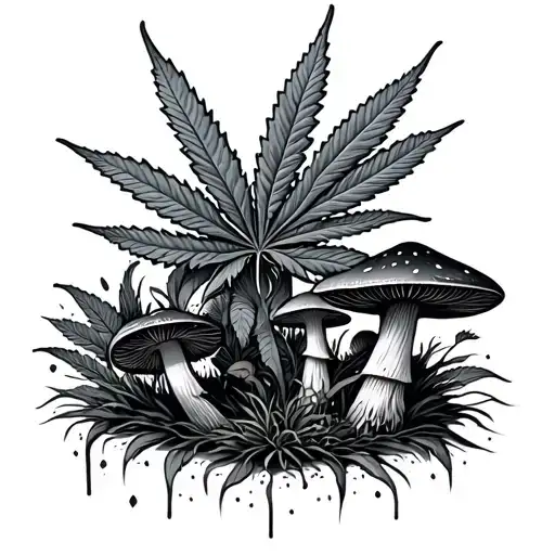 glitched weed leaf and trippy mushrooms tattoo tattoo design idea
