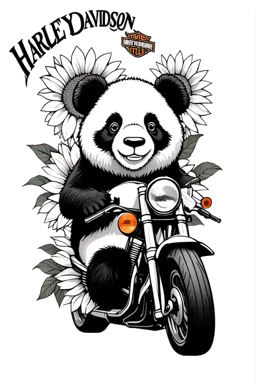 Harley Davidson bike with sunflowers and panda bear  tattoo design idea