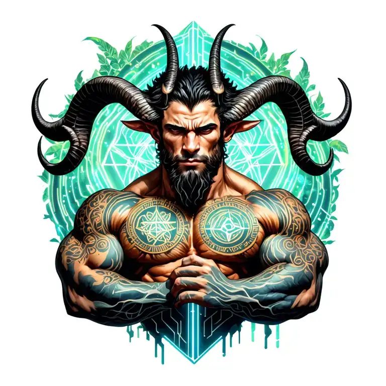 Gay male horned satyr with massive bodybuilder muscles. Background of natural tree roots, vines and patterns tattoo design idea