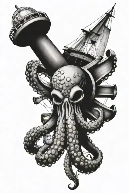 octopus wrapped around a ship propeller intertwined tattoo design idea