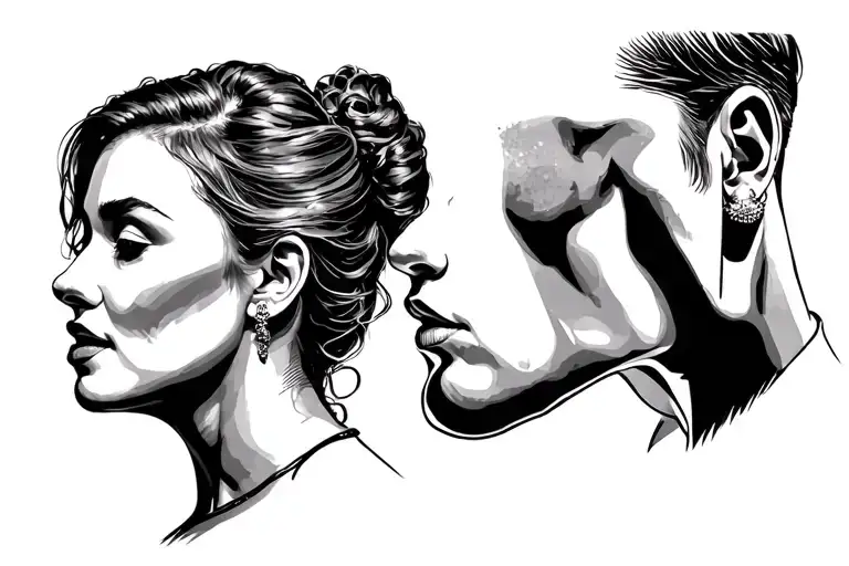 A shilouetee of a lady speaking into my ear . on the other side a shillouetee of a man speaking into my ear tattoo design idea