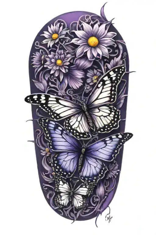 daisy and purple butterfly perched tattoo design idea