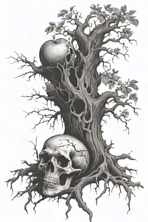 a rotting tree with an apple that looks like a skull falling from it   tattoo design idea