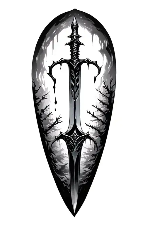 long dagger on the forest, covered blood, elf tattoo design idea