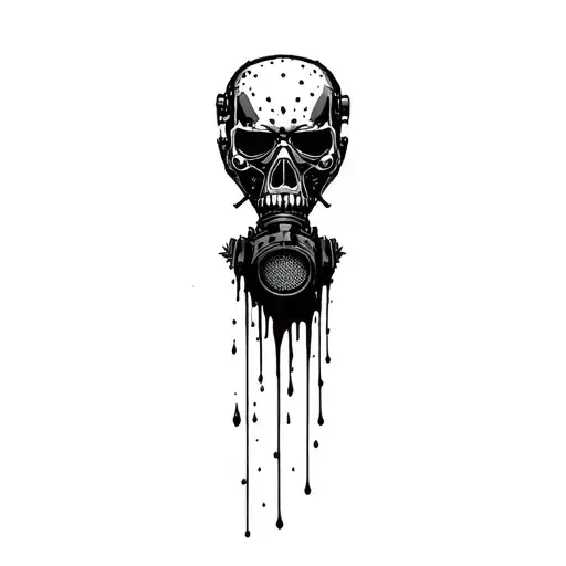 composition,black robot skull with gas mask,marijuana leaves in the background,dripping blood tattoo design idea