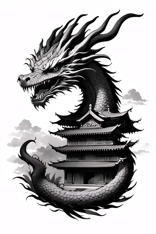 Make me a dragon, with a demon's head and a Japanese house for the forearm tattoo design idea