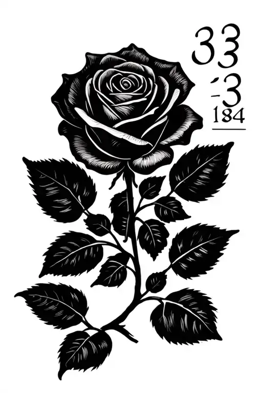Krystal name in cursive leading out of rose stem with Roman numerals of the birthday 03-03-1984 tattoo design idea
