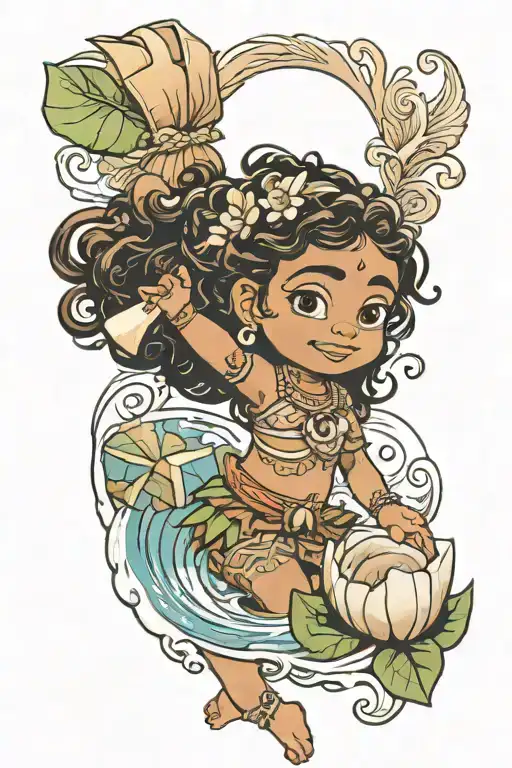 Baby Moana Disney surrounded by water holding a shell tattoo design idea