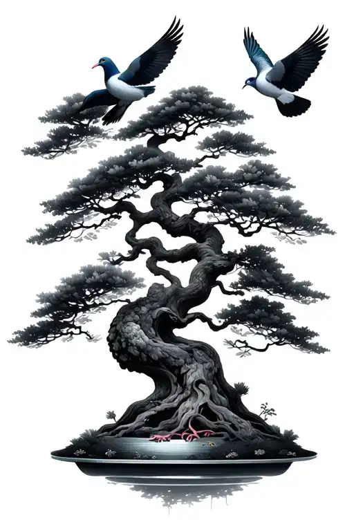 three doves flying around bonsai tree tattoo design idea