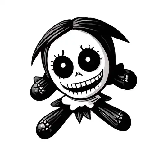 Voodoo doll with large black eyes and a wide smile. tattoo design idea