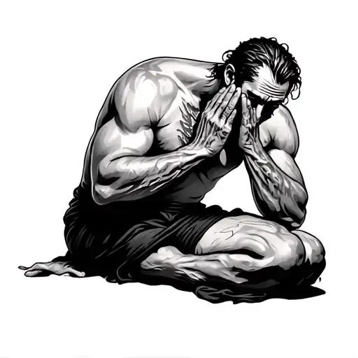 man having his throat slit while on his knees holdings his hands together in prayer tattoo design idea