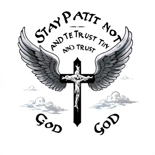 cross with wings and faded clouds around and words saying Stay patient and trust in god tattoo design idea