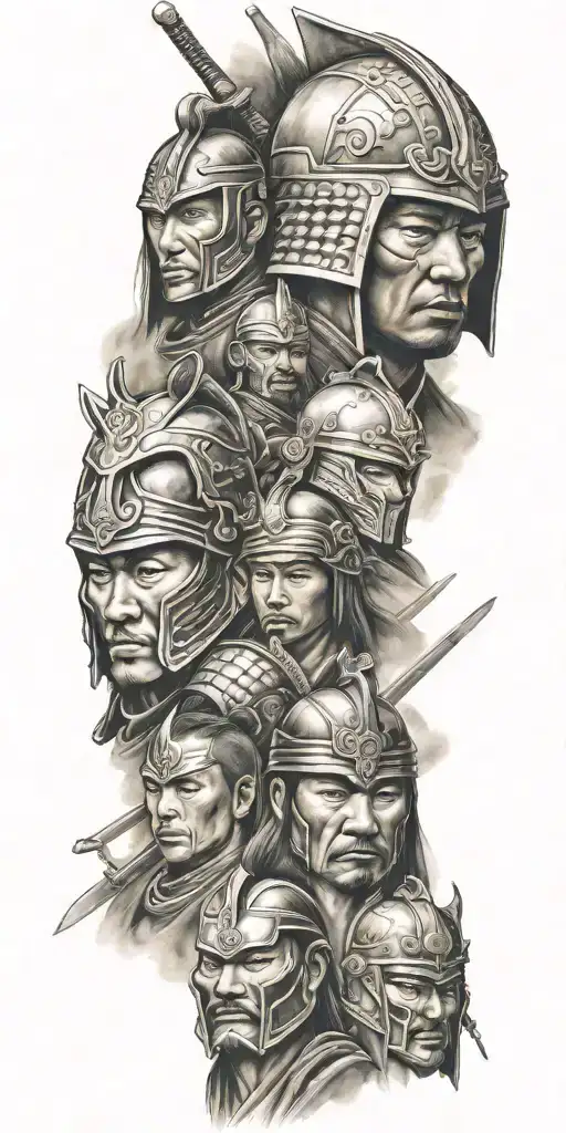 faces  of samurai , knight, and spartan warriors  tattoo design idea