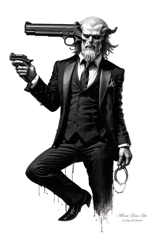 lucifer in a suit with a 1911 colt pistol hand gun tattoo design idea