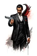 lucifer in a suit with a 1911 colt pistol hand gun tattoo design idea
