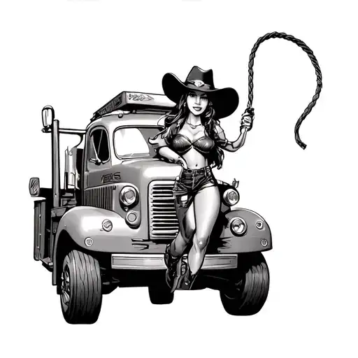 tow truck cowgirl with lasso tattoo design idea