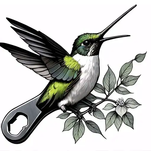 pipe wrench and hummingbird perched tattoo design idea