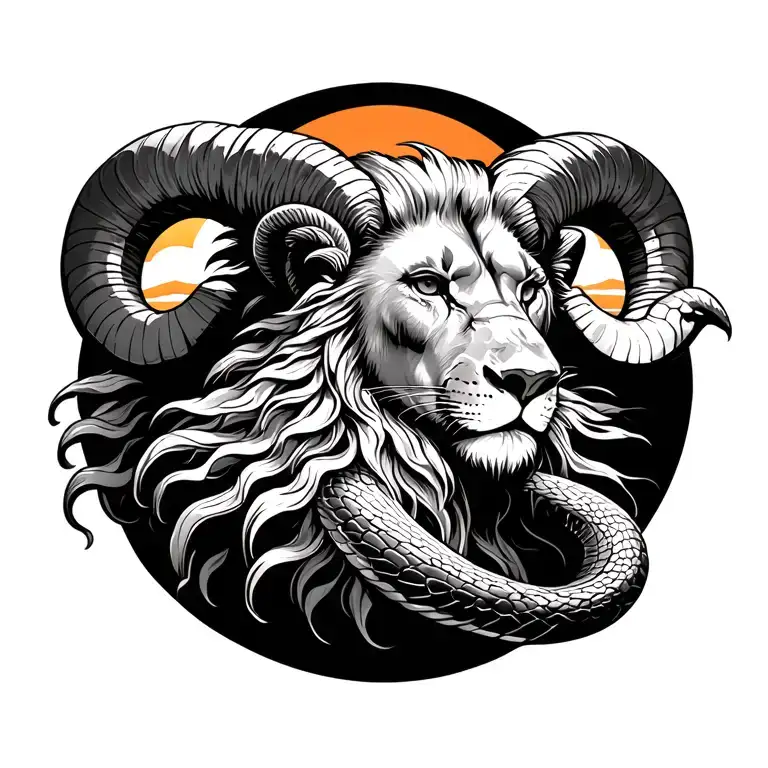 lion, ram, snake, Filipino sun rising tattoo design idea