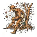 Cowboy kneeling down with a little girl running to him underneath a tree and stars  tattoo design idea
