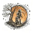 Cowboy kneeling down with a little girl running to him underneath a tree and stars  tattoo design idea