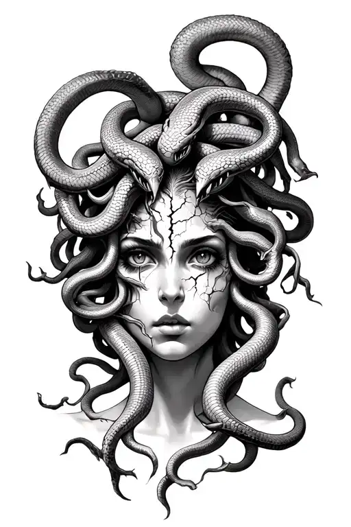forward facing medusa with a crack in her face and glossed over eyes and head full of vicious snakes tattoo design idea