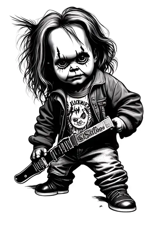 black and white picture of Chucky with a draco  tattoo design idea