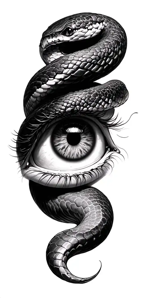 Realistic human eye as the centerpiece, with detailed bush vipers extending from the corners of the eye and wrapping aro tattoo design idea