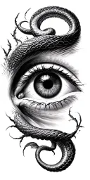 Realistic human eye as the centerpiece, with detailed bush vipers extending from the corners of the eye and wrapping aro tattoo design idea