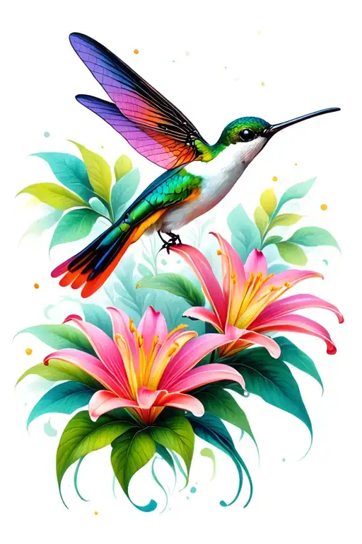 hummingbird, lily, dragonfly tattoo design idea
