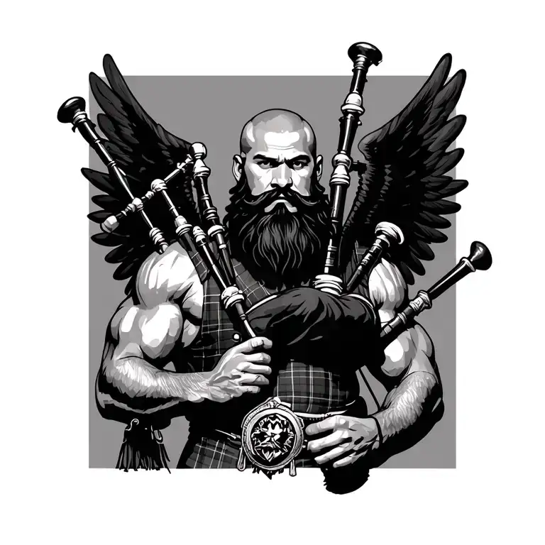 scottish bagpiper bald black beard muscular wearing glengarry pipes in arm big black wings tattoo design idea