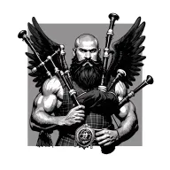 scottish bagpiper bald black beard muscular wearing glengarry pipes in arm big black wings tattoo design idea