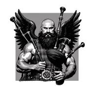 scottish bagpiper bald black beard muscular wearing glengarry pipes in arm big black wings tattoo design idea