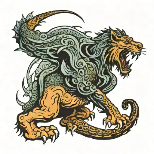 Lion digging his claws into the back of a dragon  tattoo design idea