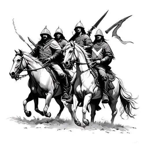 the four horsemen of the apocalypse riding horses with their weapons out  tattoo design idea