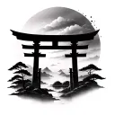 japanese landscape with fog and torii gate tattoo design idea